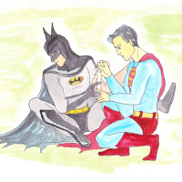 Superman bandaging Batman