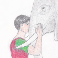 Dick Grayson in his circus clothes petting an elephant