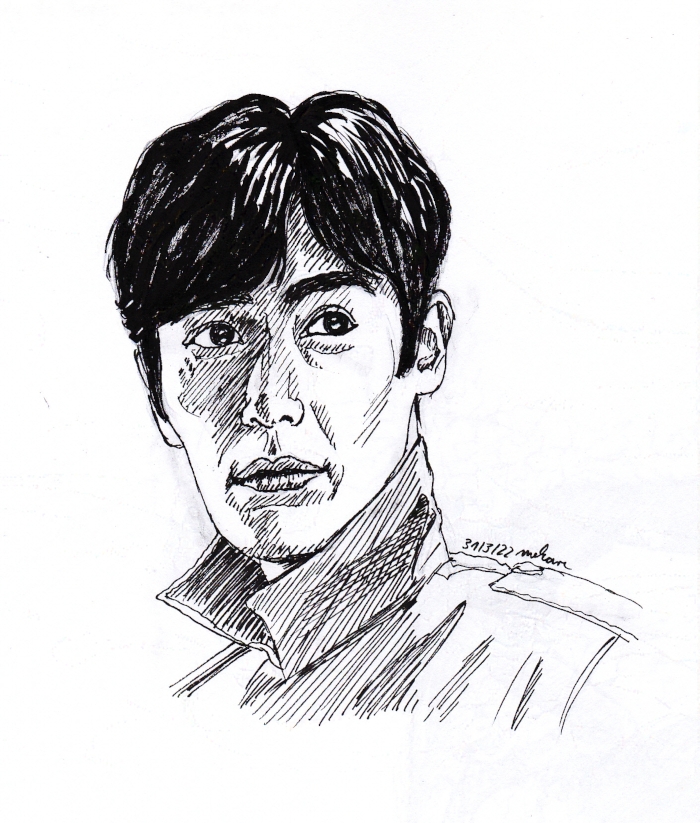 sketch of Wu Xie in a jacket, looking beyond the viewer