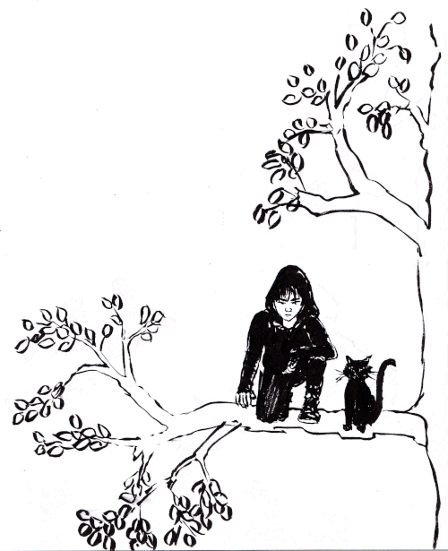 Zhang Qiling sitting on a tree branch, a cat next to him