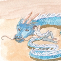 a dragon and a tiny man leaning against it