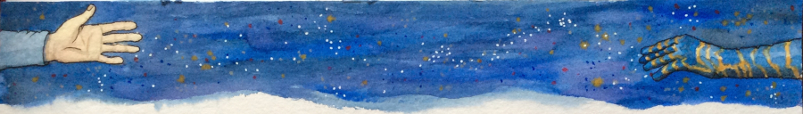 Steves and Buckys hands reaching towards each other amid a smattering of stars