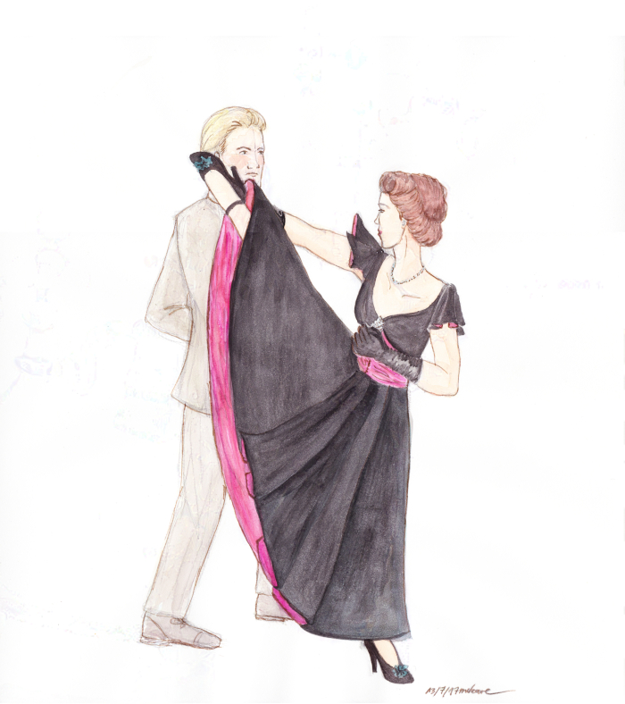 Dottie in evening dress kicking an enemy spy with her heeled shoe