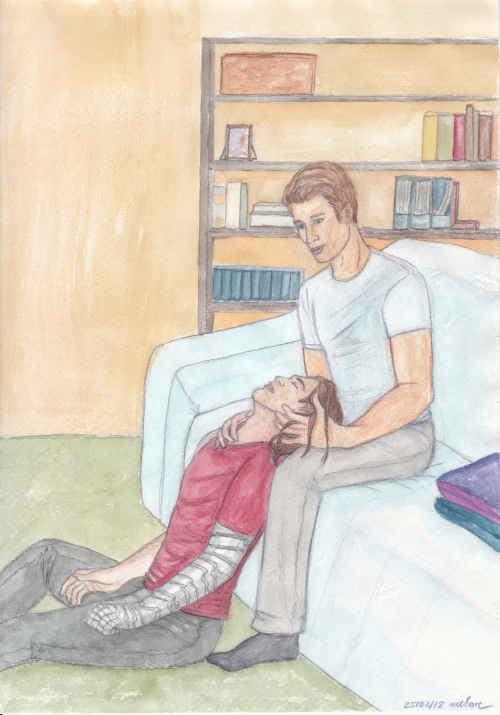 Bucky with his head in Steve's lap