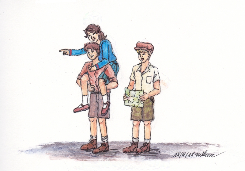 three kids in 20s clothing, girl on top of boy's shoulders