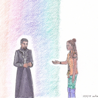 man under a rainbow and sister reaching out