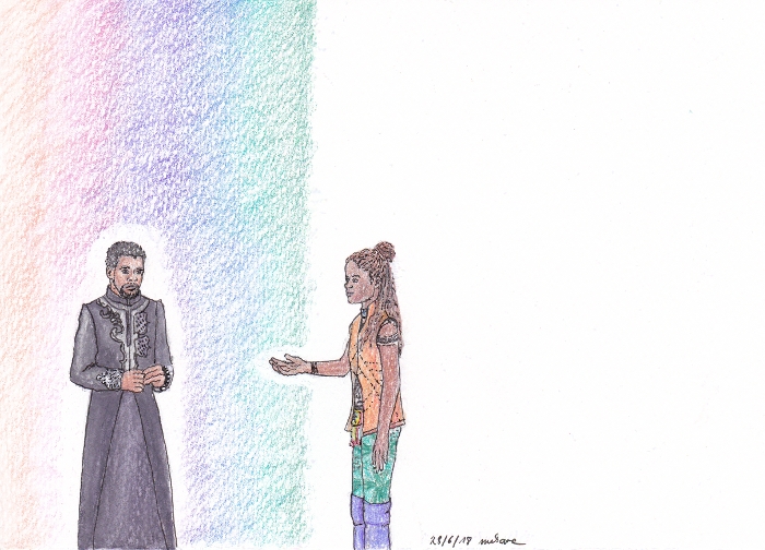 man standing under a rainbow, girl reaching out