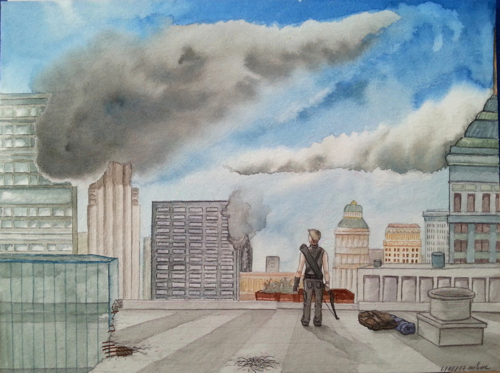 Clin Barton seen from behind on a New York Rooftop, a big cloud of smoke in the background