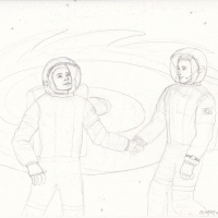 two astronauts in space hand in hand