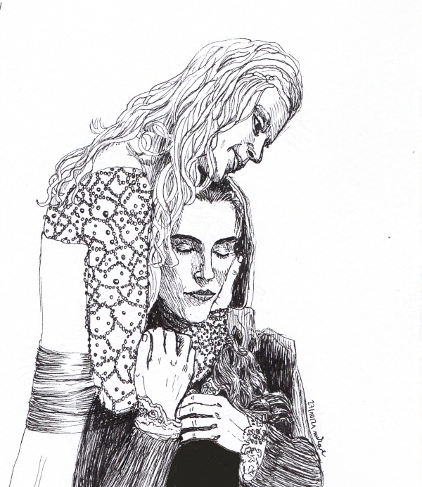 Morgause hugging Morgana who is wearling a cloak and hood