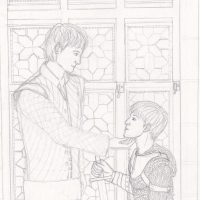 Merlin in chainmail kneeling at Arthurs feet, pencil sketch