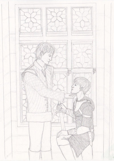 Merlin in chainmail kneeling in front of Arthur, stained glass windows in the background