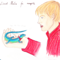 Arthur and a tiny lizard-Merlin with a red neckkerchief