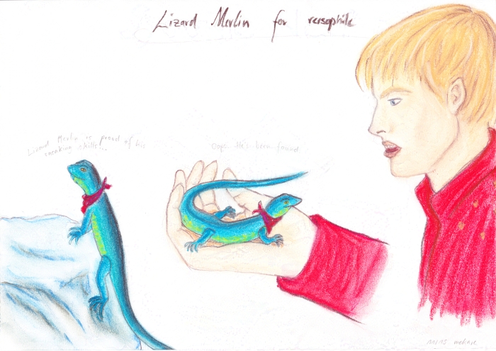 Arthur talking to a blue-green lizard with a tiny red neckerchief