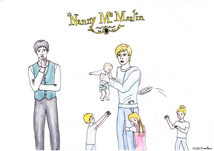 modern Arthur holding a wailing baby, surrounded by playing children, Merlin looking on with a considering expression