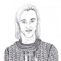 adult Draco Malfoy in a cable knit jumper with a snake around his neck