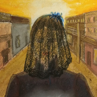 fic cover art: a lady with a black veil in front of a town at sunset