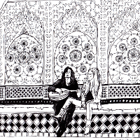 two vampires in front of a mosaic wall, one playing the lute