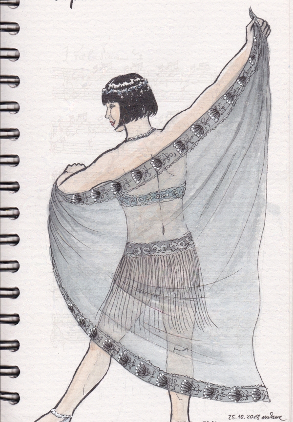 Phryne in skimpy clothing dancing with a diaphanous shawl