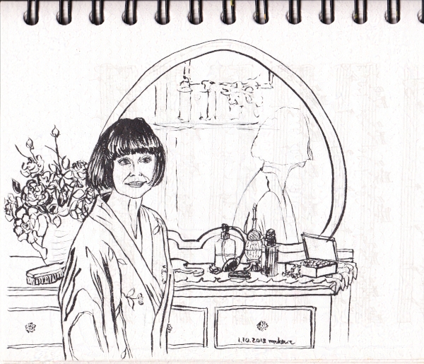 Phryne at her vanity table with various bottles and cosmetics