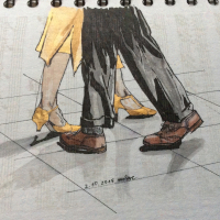 a man's and golden women's shoes dancing