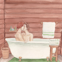 Mac and Rosie kissing in a bathtub