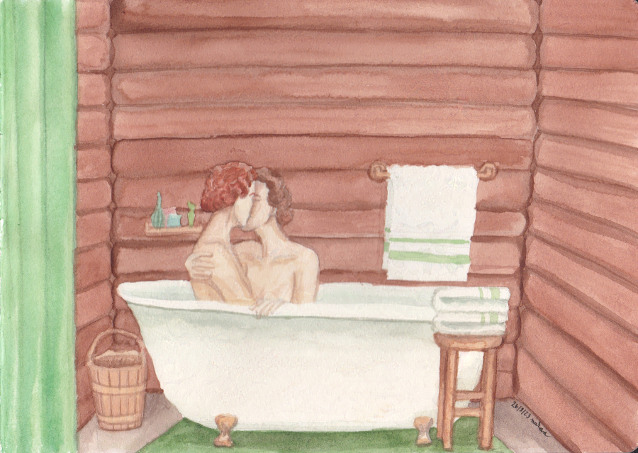 two women kissing in a tub