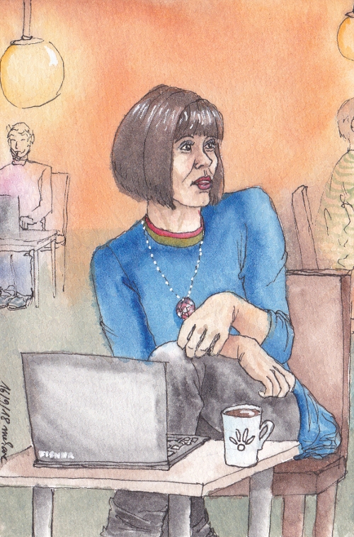 Phryne Fisher in a cafe with a laptop and coffee