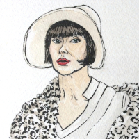 Phryne in a white hat and leopard coat