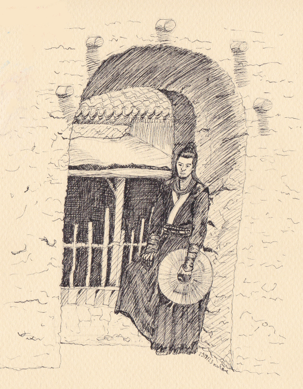 Sui Zhou leaning in an archway, hat in hand