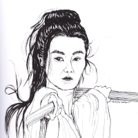 woman with flying hair and a sword